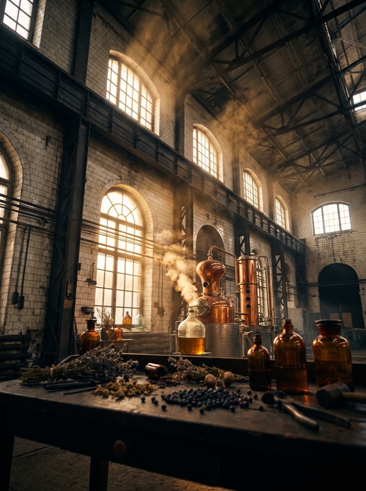 Inside the Seven Points workshop — a converted machine shop with copper stills and botanicals